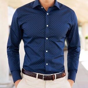 Men's Casual Polo Polka Dot Long Sleeve Formal Shirt Button Closure Slim Fit